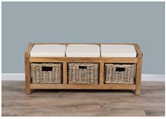 Sustainable Furniture UK Ltd - Reclaimed Teak Hall Seat with 3 Kubu Grey Natural Wicker Drawers and Cushions
