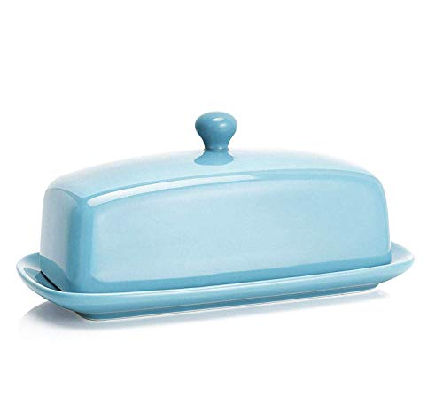 Sweese Butter Dish with Lid, Porcelain Butter Keeper, 7.8 Inch Butter Holder with Handle Cover, Butter Container Perfect for East West Coast Butter, Turquoise - Thumbnail 7