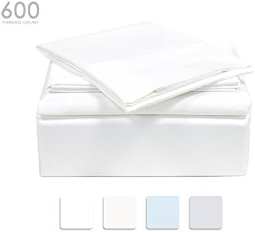 TRANQUIL NIGHTS - 600 Thread Count 100% Cotton Bed Sheet Set, 4-Piece White Full Size Sheets, Soft & Silky Sateen Weave Luxury Bedding, Deep Pocket Sheets to Fit Upto 17" Mattress