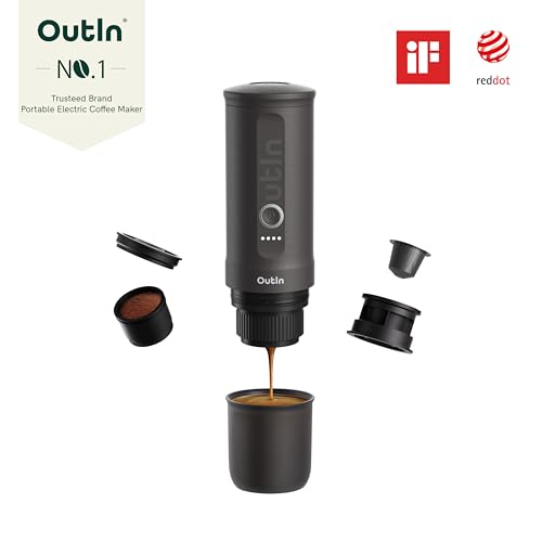 OutIn Nano Portable Electric Espresso Machine, Travel Coffee Maker | Self-Heating USB-C Car Coffee Maker for Ground Coffee & NS Capsules, Ideal for Camping, RV, Hiking and Office, Space Gray