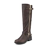 DREAM PAIRS UTAH Women's Quilted Zipper Double Buckles Accent Round Toe Low Stacked Heel Riding Knee High Boots 2A-BROWN-SZ-7.5