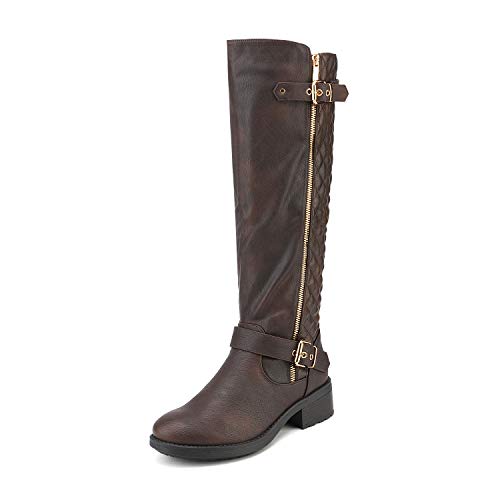 DREAM PAIRS Women's Utah Brown Low Stacked Heel Knee High Riding Boots