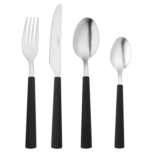 Grunwerg Couverts de bistro, ensemble de 24 pieces, acier inoxydable 18/0, manche raye, noir