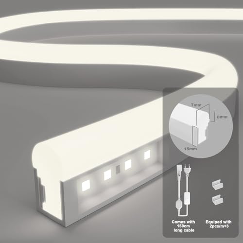 KSIBNW LED Strip 220 V Flexible Neon Light, Waterproof IP65, 50 Metres, 120 LEDs/m, Warm White, Neon LED Light for Bedroom, Bar, Games Room, Birthday, with Adapter and Controller