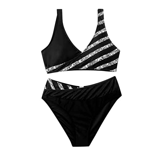 Women Colorblock Stripe Print Bikini Set Crisscross Splicing Two Pieces Swimsuit Summer Beach Bohemian Bathing Suit