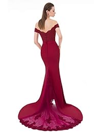 JASY - Vestido de noche para mujer, elegante, con cuello en V, sin espalda, color burdeos, largo, de encaje, con cuentas