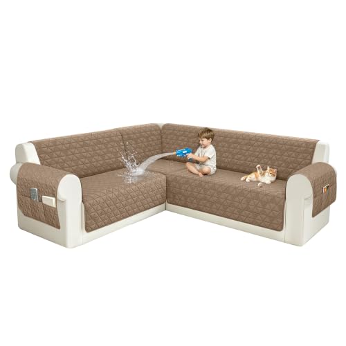 ALIECOM Corner Sectional Couch Covers Waterproof Washable L Shape Sofa Cover Protector Geometric Jacquard Sectional Slipcover Furniture Cover with Adjustable Strap for Pet Dog (X-Large, Light Brown) at Amazon