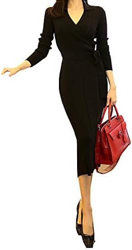 Amazon Kawakawaii 即日発送 ワンピース レディース 秋冬 ニットワンピース ニット セーター シャツワンピース フリーサイズ ミモレ丈 ロング ドレス チュニック V Zed 75 ブラック ワンピース チュニック 通販