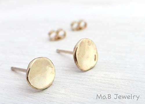 14k Yellow Gold Tiny Hammered Stud Earrings In Natural Round shape, Small Simple Post Earrings, Minimalist Artisan Handmade Jewelry