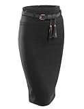 Womens Fitted High Waisted Midi Skirt with Faux Leather Belt