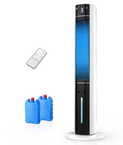 EXNOS Ventilatore a torre con raffreddamento ad acqua – ventilatore a piantana con telecomando silenzioso, aria condizionata mobile senza tubo di scarico, 3 modalità e gradini, aroma timer 12H, Bianco