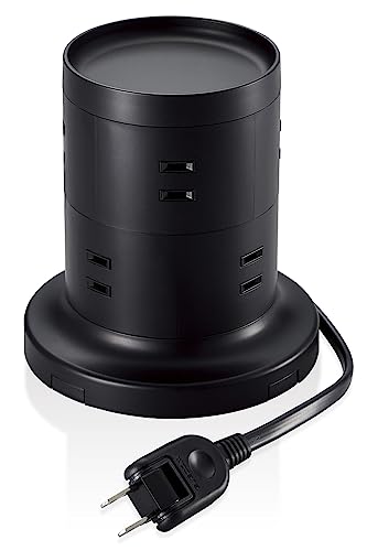 エレコム 電源タップ タワー型 延長コード [ 8個口 ] 固定パーツ付 雷ガード ほこりシャッター 2m ブラック ECT-2720BK