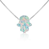 White Opal Hamsa Hand Necklace - 15 to 22 Inch Sterling Silver Box Chain