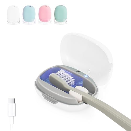ELMWAY STB-022 UV-C Light Toothbrush Sanitizer Case – Portable & Rechargeable, Compact Design with Stand for Travel or Countertop Use – Fits Most Manual & Electric Toothbrushes – White