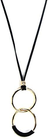 Madison Kate Fashion Trendy Layering Faux Leather Double Ring Pendant Necklace
