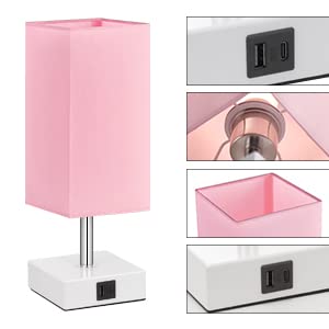 Ambimall Touch Control Table Lamp with USB A+C Charging Ports, 3 Way Touch Lamps Beside Desk, Nightstand Lamp for Bedrooms Living Room, Pink Shade with White Base, LED Bulb Included(Pink)