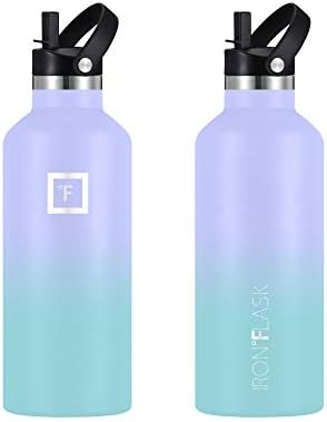 Stainless steel vacuum insulated water bottle with lid.