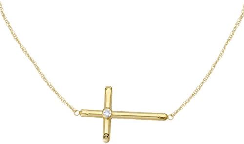Sterling Silver Sideways Cross Pendant Necklace With Zircon-Gemstone 18'' (Yellow Gold Plated)