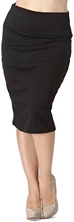 Women’s Knee Length Pencil Skirt – High Waisted – Fold Over – Stretchy – Plus Size – Made in USA (Large, Black)