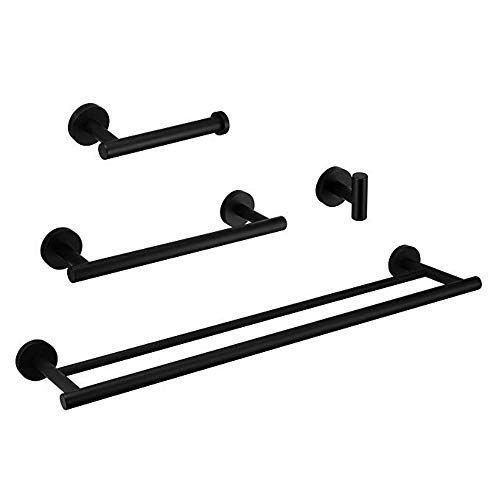 Gexmil Stainless Steel Bathroom Hardware Set Matte Black 4 Pieces Bathroom Hardware Accessories Sets Wall Mounted Double Towel Bar Towel Holder Hook Toilet Paper Holder Mounting Tools Included - Thumbnail 2