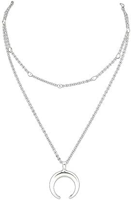 Feelontop Punk Rock Style Double Layers Chain Moon Big Horn Pendant Necklace with Jewelry Pouch (silver)
