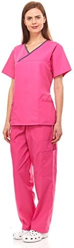 Denice / Solid Set / Missy Fit / Multiple Pockets / Women / Medical Scrub 943 (2X-Large, Hotpink/Dkgrey)