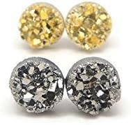 Two 8mm Faux Druzy Earrings on Nickel-Free Stainless Steel Posts, Gunmetal and Gold-Tone Color