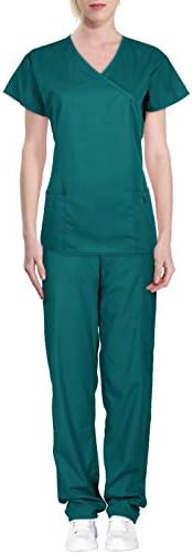 Green Town Women's Solid Medical Scrub Set Mock Wrap Top and Pants
