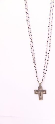 Hand Made Silver Rosary Onyx Necklace - Fine Pewter with a Light Cross Necklace 16 Inch Long