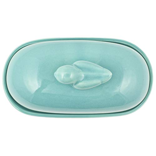 Zoie + Chloe Turquoise Aqua Blue Ceramic Butter Dish with Lid Cover - Extra Large Size