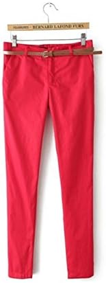 FCLM Women's Cotton Casual Slim Pure Color Pencil Pants Long Trousers With Belt Red S FF085