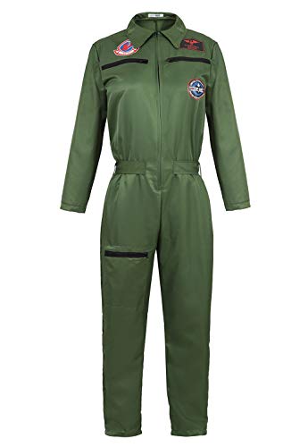 frawirshau Adult Flight Suit Pilot Costume Women Jumpsuit Long-Sleeve Zipper Coveralls ArmyGreen M
