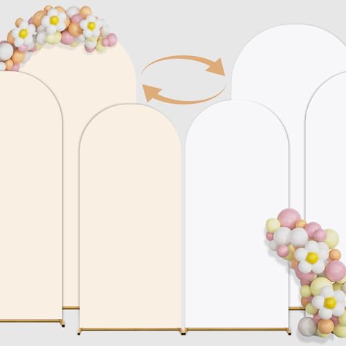 Double Color Arch Backdrop Cover Set of 3 - 6ft/6.6ft/7.2ft Wedding Spandex Fitted Covers for Round Top Arch - Baby Party Birthday Banquet Shower (White+Cream)