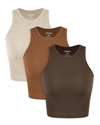 ODODOS 3-Pack Seamless Crop Tank for Women Ribbed Soft High Neck Cropped Tops