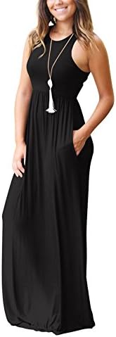 PORALA Womens Summer Sleeveless Raceback Loose Swing Casual Maxi Long Dresses with Pockets,Black,Large