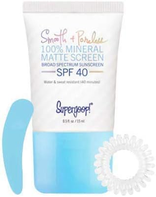 Supergooop! Smooth + Poreless 100% Mineral Matte Screen Sunscreen SPF 40 Deluxe Travel Size (Free Blue Facial Spatula & Spiral Hair Tie Included)