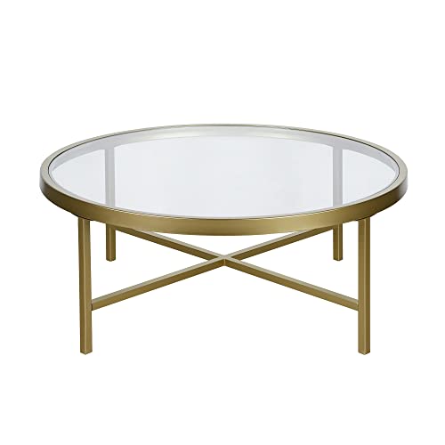 Henn&Hart 36" Wide Round Coffee Table with Glass Top in Brass, Modern