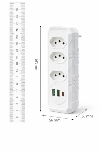 Extensão Elétrica/Benjamin com 3 Tomadas, 2 USB + USB-C – Régua de Energia e Adaptador de Tomada Premium