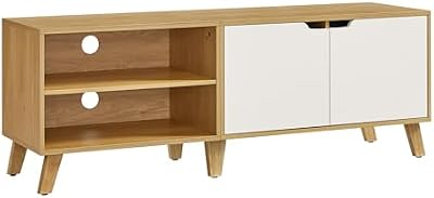 Meuble TV 2 Portes, Support Télé avec Étagères Réglables, Longueur 140 cm, pour Télévisions 60 Pouces, Salon, Salle à Manger, Chambre, Chêne Naturel et Blanc Crème LTV027N01