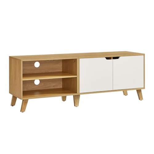 Meuble TV 2 Portes, Support Télé avec Étagères Réglables, Longueur 140 cm, pour Télévisions 60 Pouces, Salon, Salle à Manger, Chambre, Chêne Naturel et Blanc Crème LTV027N01
