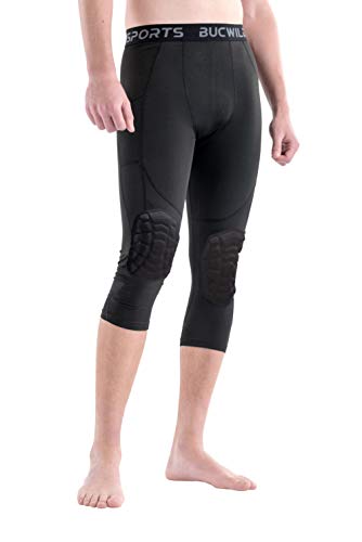 Bucwild Sports ¾ Pantalones de compresión con rodilleras para niños jóvenes - Hombres adultos Medias acolchadas Baloncesto Lucha Libre