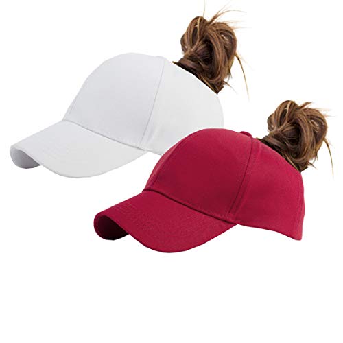 Cotton Ponytail Hats Pony Tail Caps Baseball for Women (Burgundy+White)