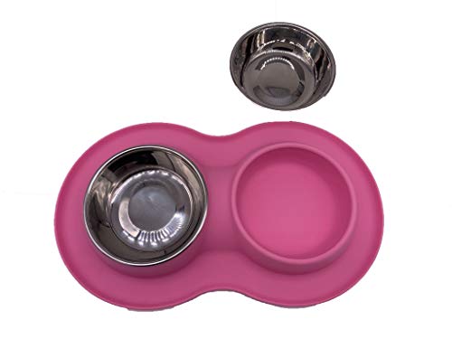 Roysili Double Dog Bowl Pet Feeding Station, Stainless Steel Water and Food Bowls with Non Skid Non Spill Silicone Mat, Quality Dog Bowl Holder for Small Medium Dogs Cats (Small, Pink)