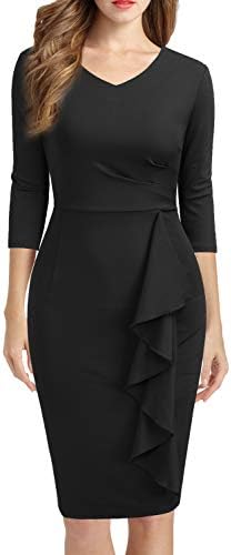 WOOSUNZE Women's Casual 2/3 Sleeve V Neck Ruffles Work Business Pencil Dress