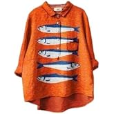 Women Boho Print Long Sleeve Button Linen Shirt Vintage Lapel Loose Top Ocean Beach Vacation Dressy Blouse Tunic