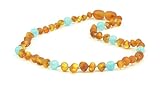 Amber Teething Necklace for Baby with Semi Precious Stones - Unisex - 12.6 inches (32 cm) - Amber Jewelry - Hand-Made from Certified Baltic Amber Beads (Cognac / Aquamarine)