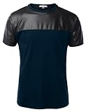 LE3NO Mens Premium Edgy Faux Leather Slub Raglan Short Sleeve T Shirt