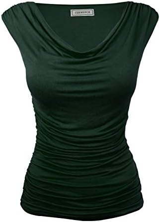 CLEMONCE Double Lining Cozy Cowl Neck Ruched Side Fitted Top S to 3XL
