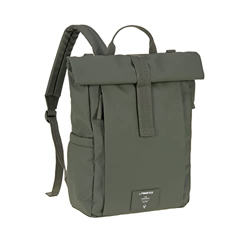 LAESSIG Baby Changing Backpack, Changing Bag, Backpack with Changing Mat, Pram Attachment, Bottle Holder, Sustainably Produced/GRE Rolltop Up Backpack, Olive