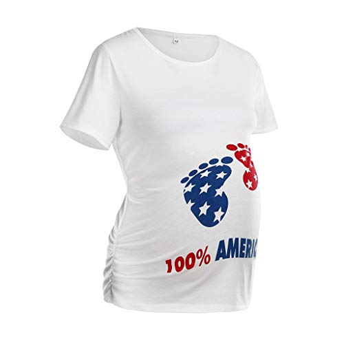 Woman Maternity T-Shirt,Stripe Baby Print Short Sleeve Ruched Side Top, Pregnancy Funny Fashion Style Blouse (White-Footprint, M)